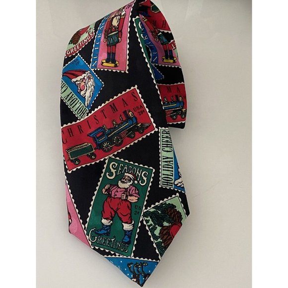 Vintage Addiction 1991 Christmas Santa Postcard Tie 100% Silk Holiday Multi Wide - Picture 1 of 16